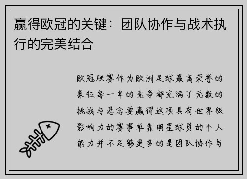 赢得欧冠的关键：团队协作与战术执行的完美结合