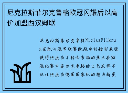 尼克拉斯菲尔克鲁格欧冠闪耀后以高价加盟西汉姆联