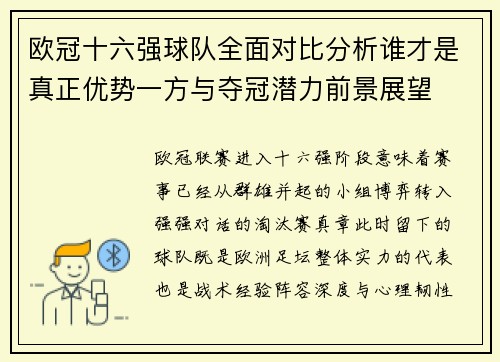 欧冠十六强球队全面对比分析谁才是真正优势一方与夺冠潜力前景展望 欧冠十六强球队全面对比分析谁才是真正优势一方与夺冠潜力前景展望